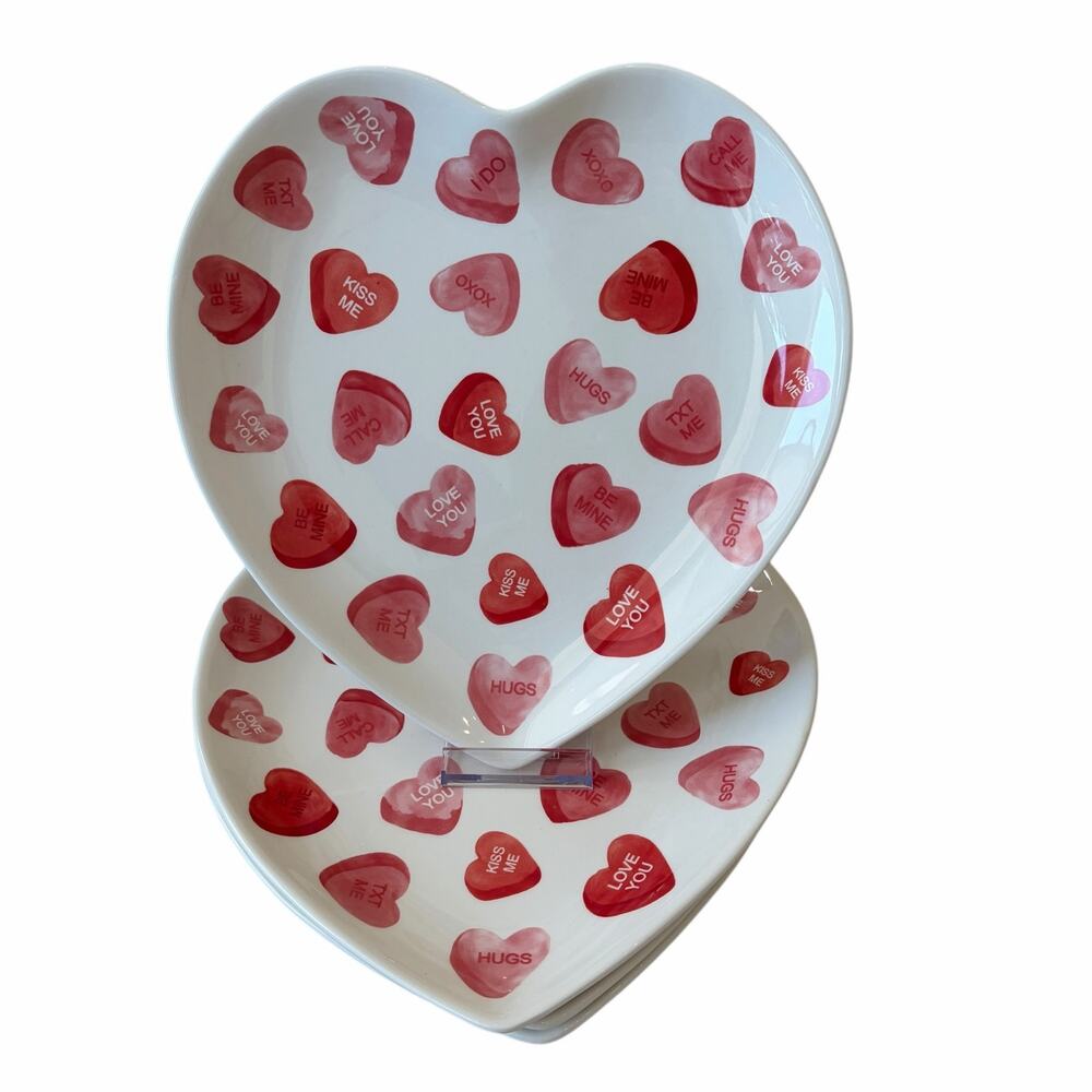 4pc Valentine Conversation Heart Dinner Plates 10in Ceramic Red Pink Maxcera NEW
